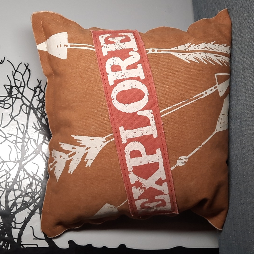 Cotton Canvas Pillow EXPLORE Applique Design Arrows Rustic Casual